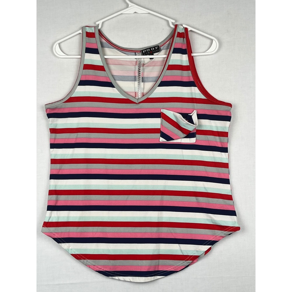 Poof New York Striped Tank Top Womens Large V-Neck Pocket Crochet Back Multi-C